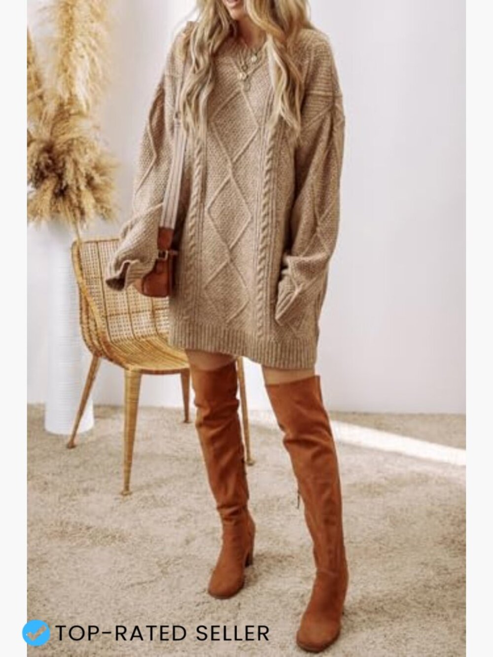 Cable Knit Sweater Dress Drop Shoulder Loose Fit Casual Pullover - Picture 4 of 7